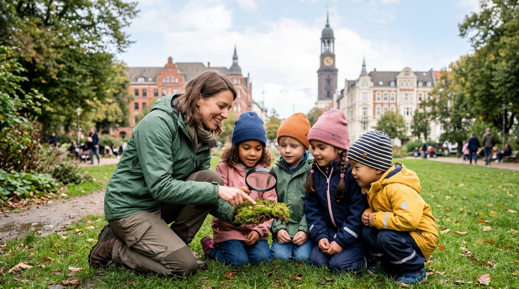 Kindergartengruppe in Hamburg erkundet im Rahmen der Naturpädagogik aufmerksam das urbane Grün