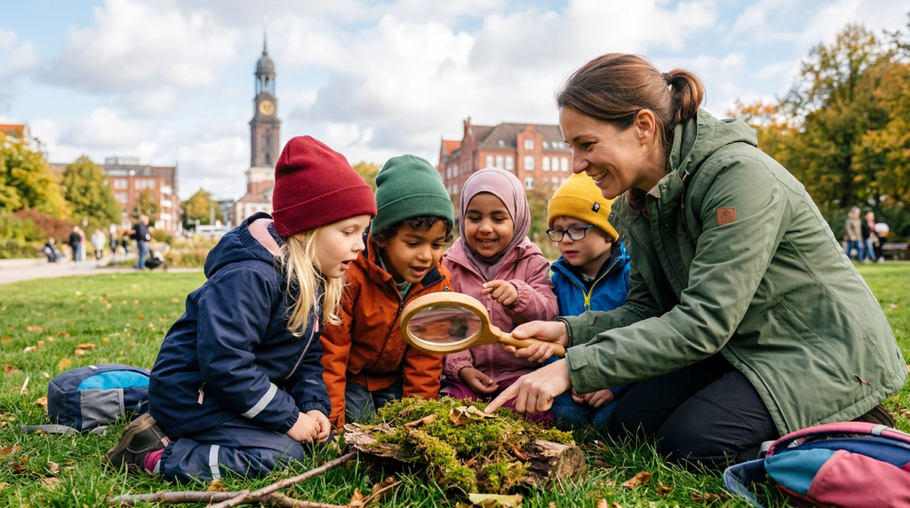 Erzieherin mit Kindern bei einem naturpädagogischen Ausflug in einem Hamburger Park